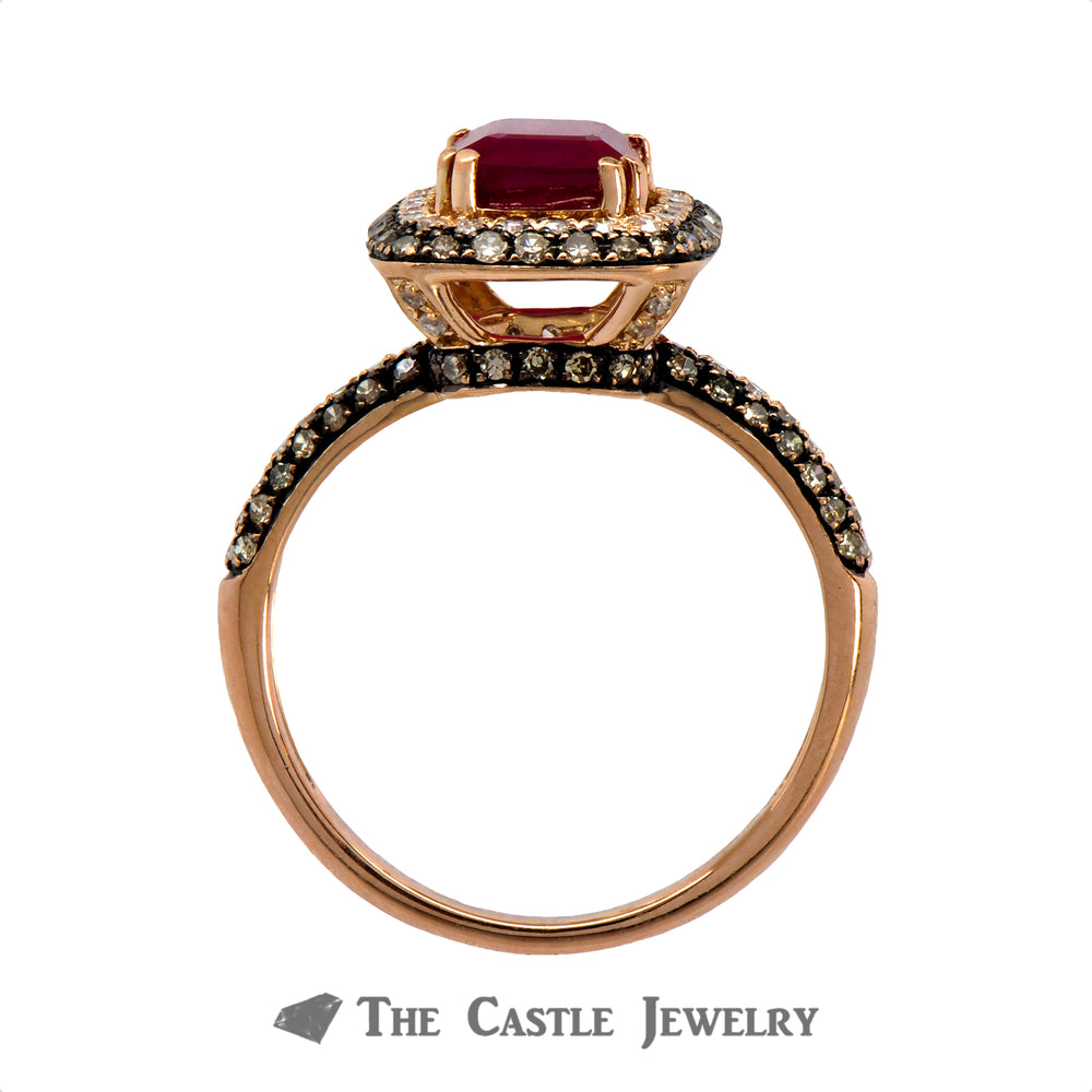 Effy Emerald Cut Ruby Ring with White and Chocolate Diamonds in 14k Rose Gold