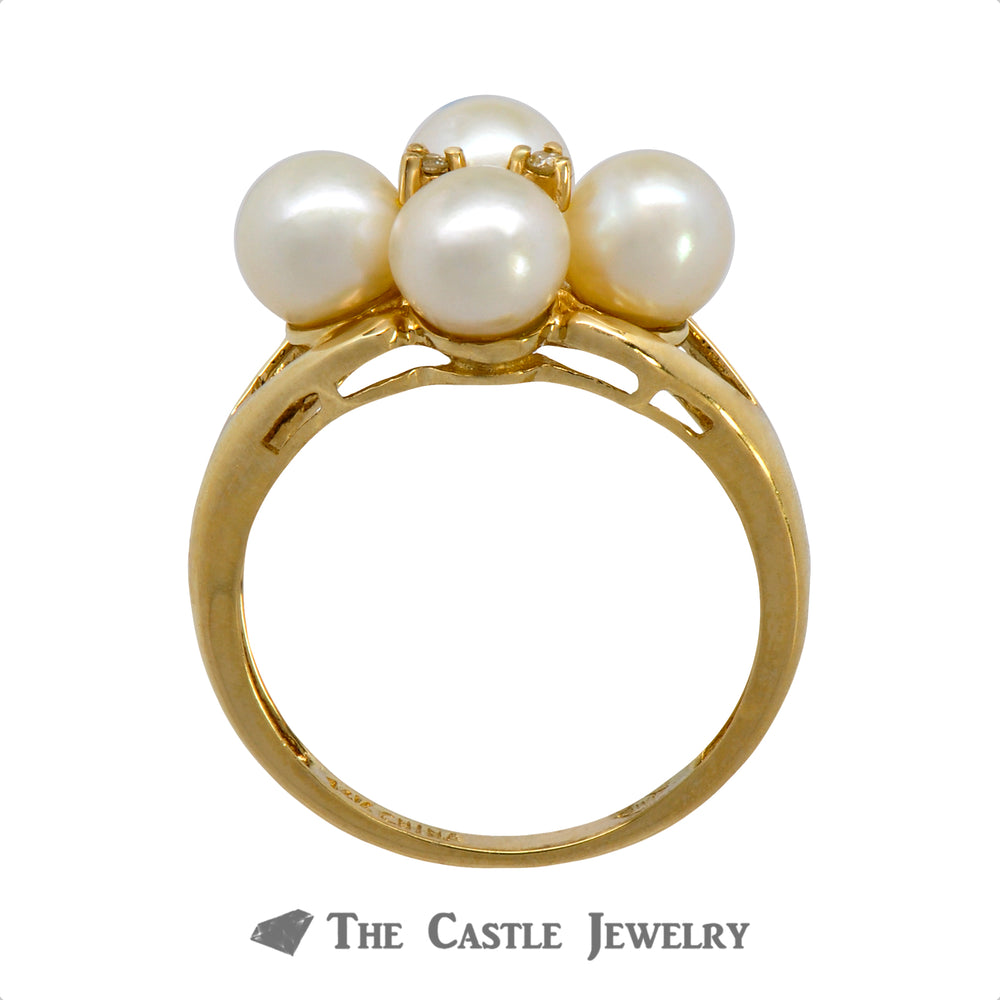 Quadruple 5.5mm Pearl Ring with Diamond Accents Crafted in 14k Yellow Gold
