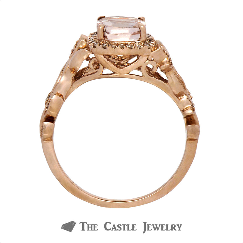 Cushion Cut Morganite Ring with Diamond Halo & Flower Design Rose Gold Mounting
