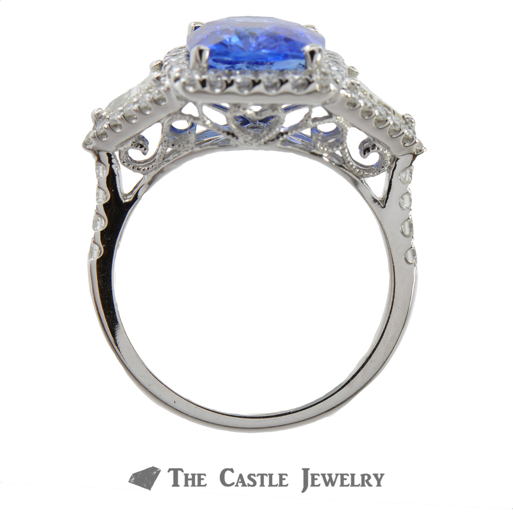 Cushion Cut Sapphire Ring with Trillion & Round Diamond Accents