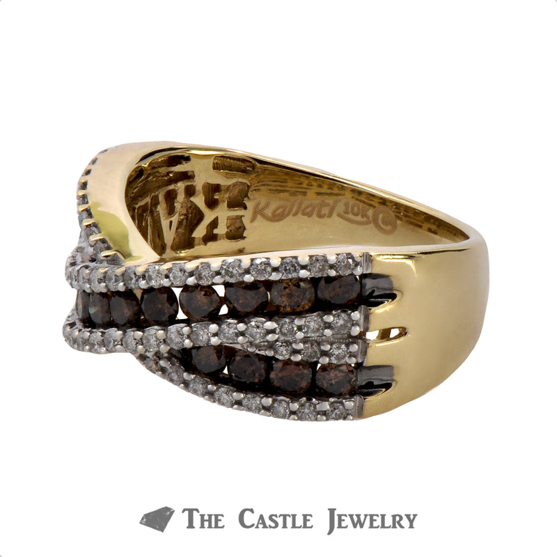 Kallati White & Brown Diamond "X" Style Designer Ring in 10k Yellow Gold