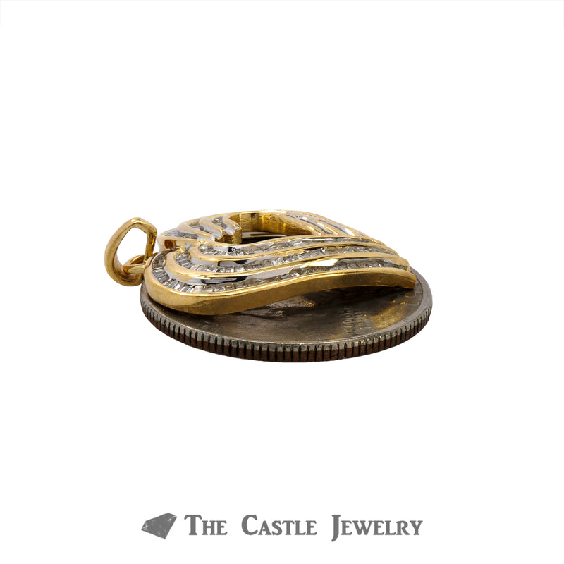 Heart Pendant with 3 Rows of 1cttw Channel Set Baguette Cut Diamonds in 10k Yellow Gold