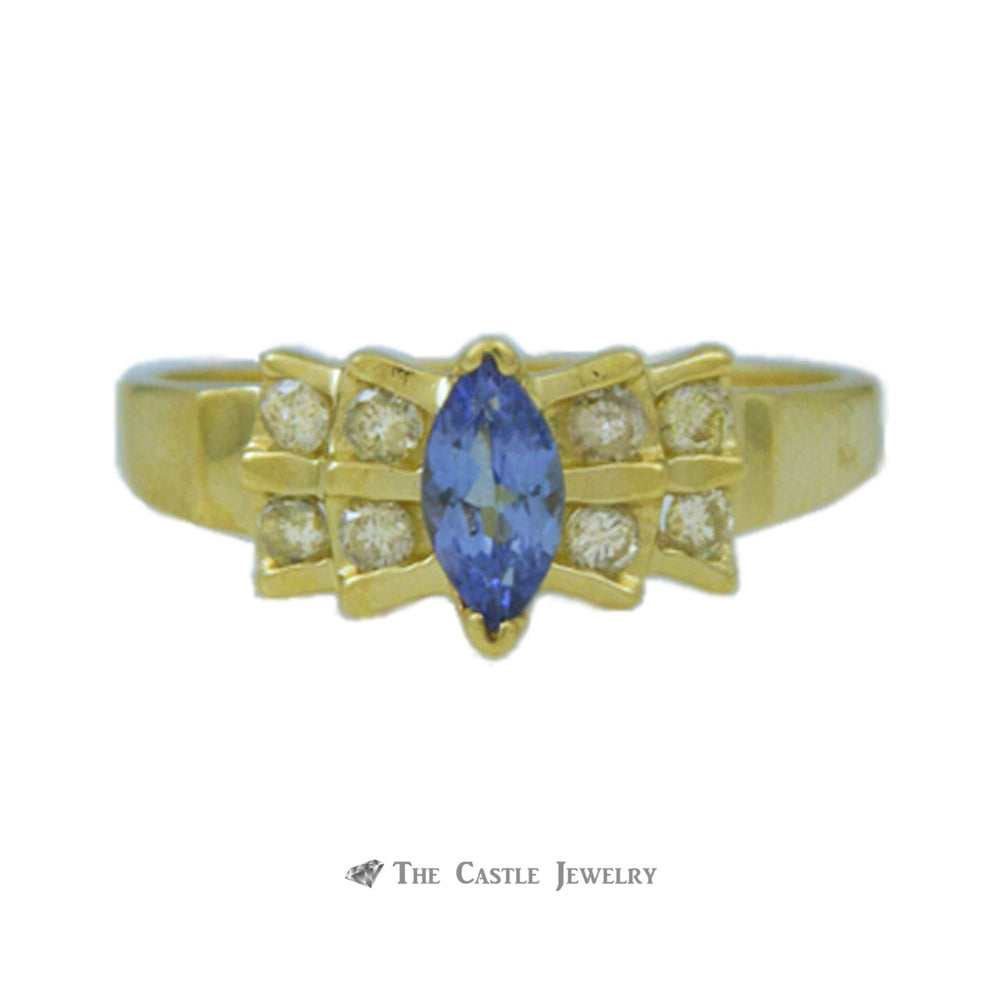 Marquise Tanzanite Ring in Bow Design Diamond Mounting 14K Gold