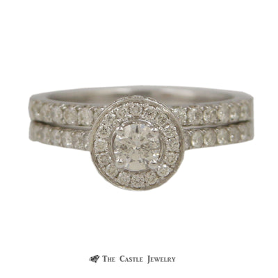 Crown Collection 1cttw Round Diamond Engagement Bridal Set w/ Halo and Cathedral in 14K White Gold