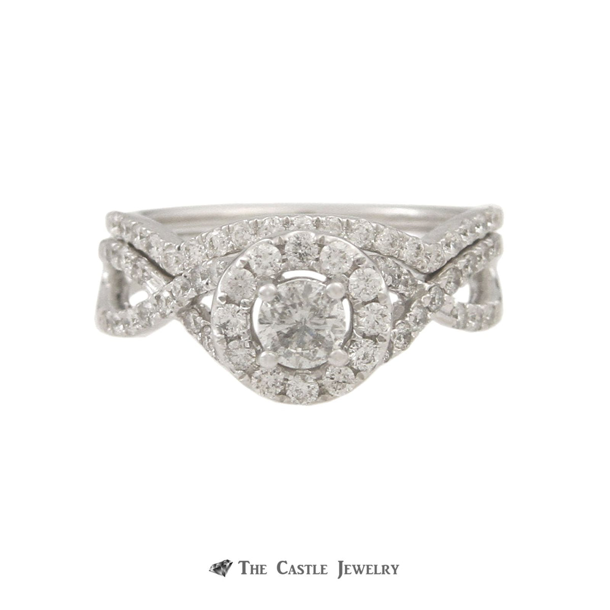 Crown Collection 1cttw Bridal Set Round Diamond Center w/ Diamond Bezel & Cross Over Sides