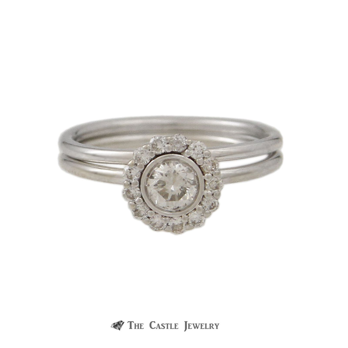 Bridal Set Round Bezel Set Diamond Center Round Diamond Halo 14K White Gold