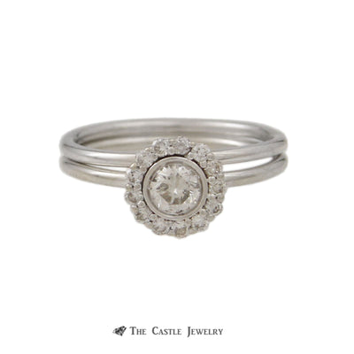 Bridal Set Round Bezel Set Diamond Center Round Diamond Halo 14K White Gold