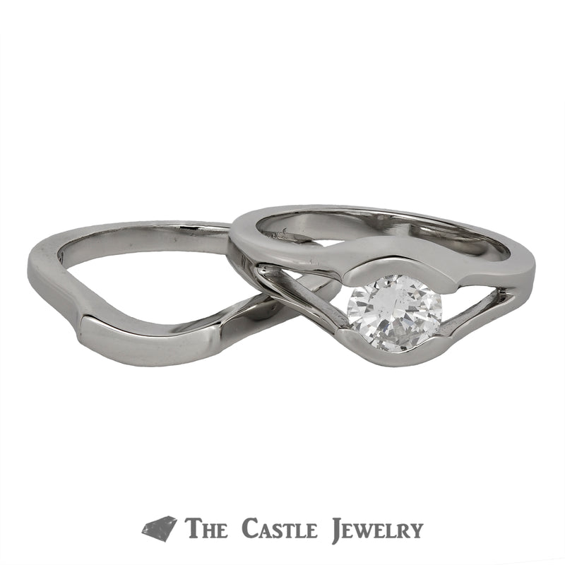 Half Bezel Set Tension Style .75ct Round Diamond Bridal Set in 14K White Gold