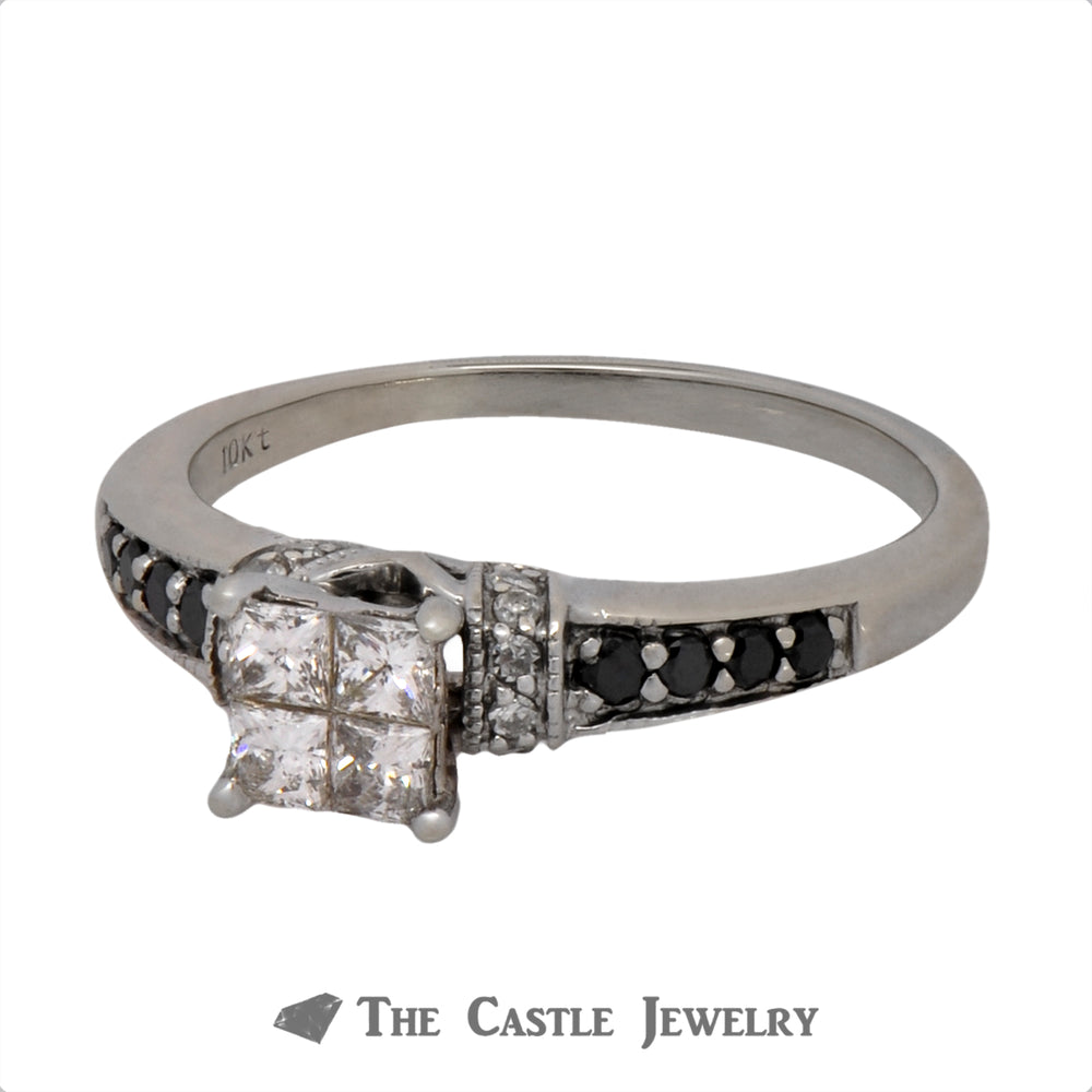 Princess Cut Diamond Cluster Engagement Ring with Black Diamond Accents