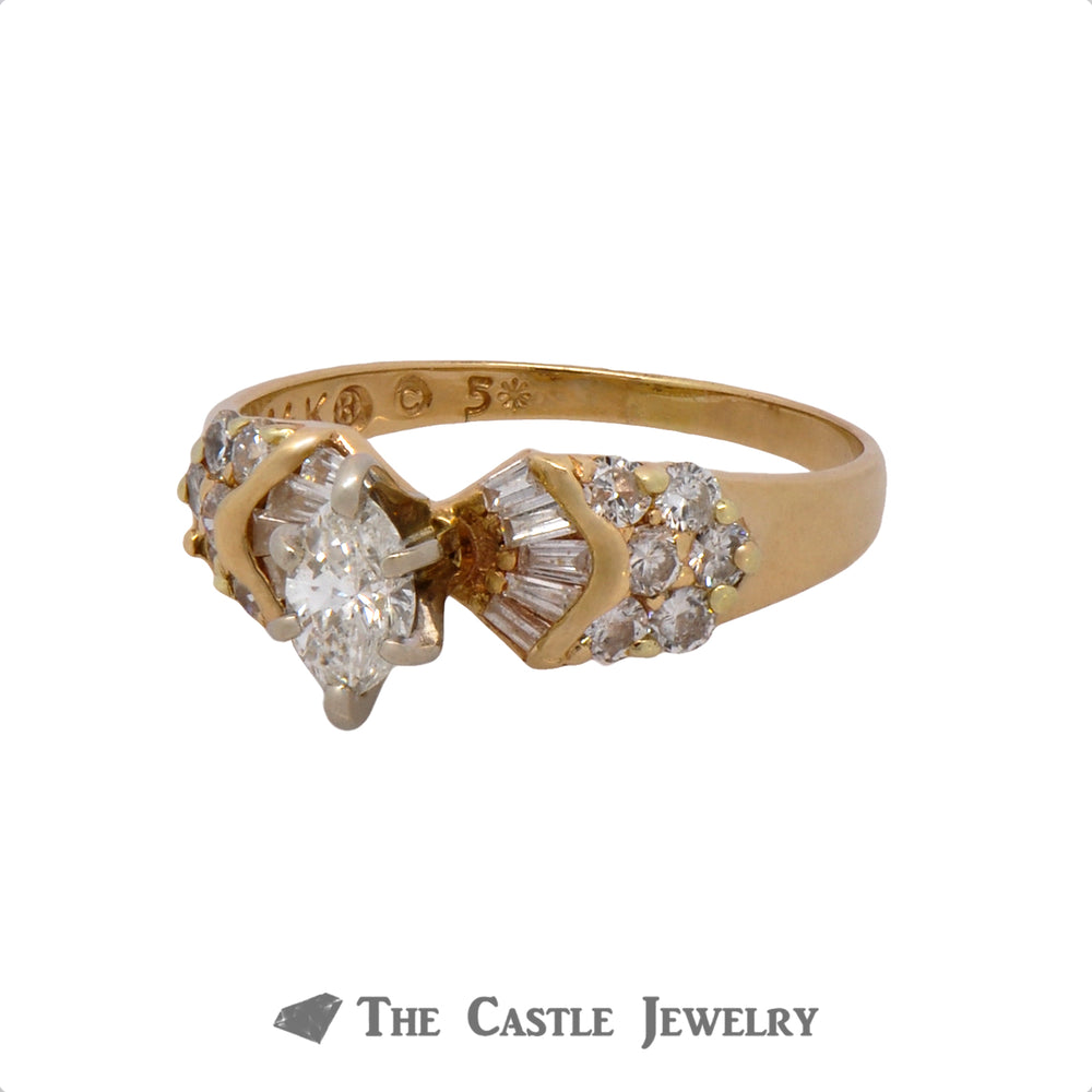 Oval Cut Diamond Engagement Ring with Round & Baguette Diamond Accents in 14k Yellow Gold