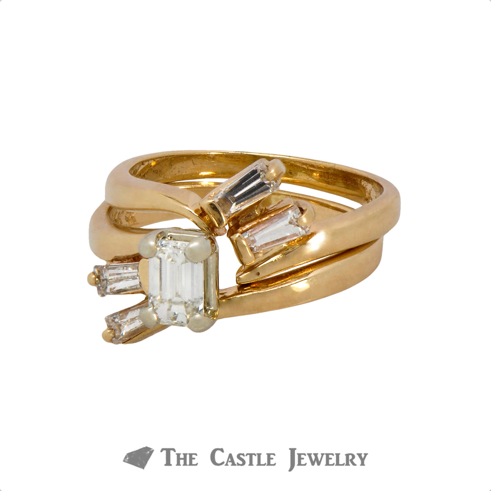 Emerald Cut Diamond Bridal Set with Baguette Diamond Accented Matching Band in 14k Yellow Gold