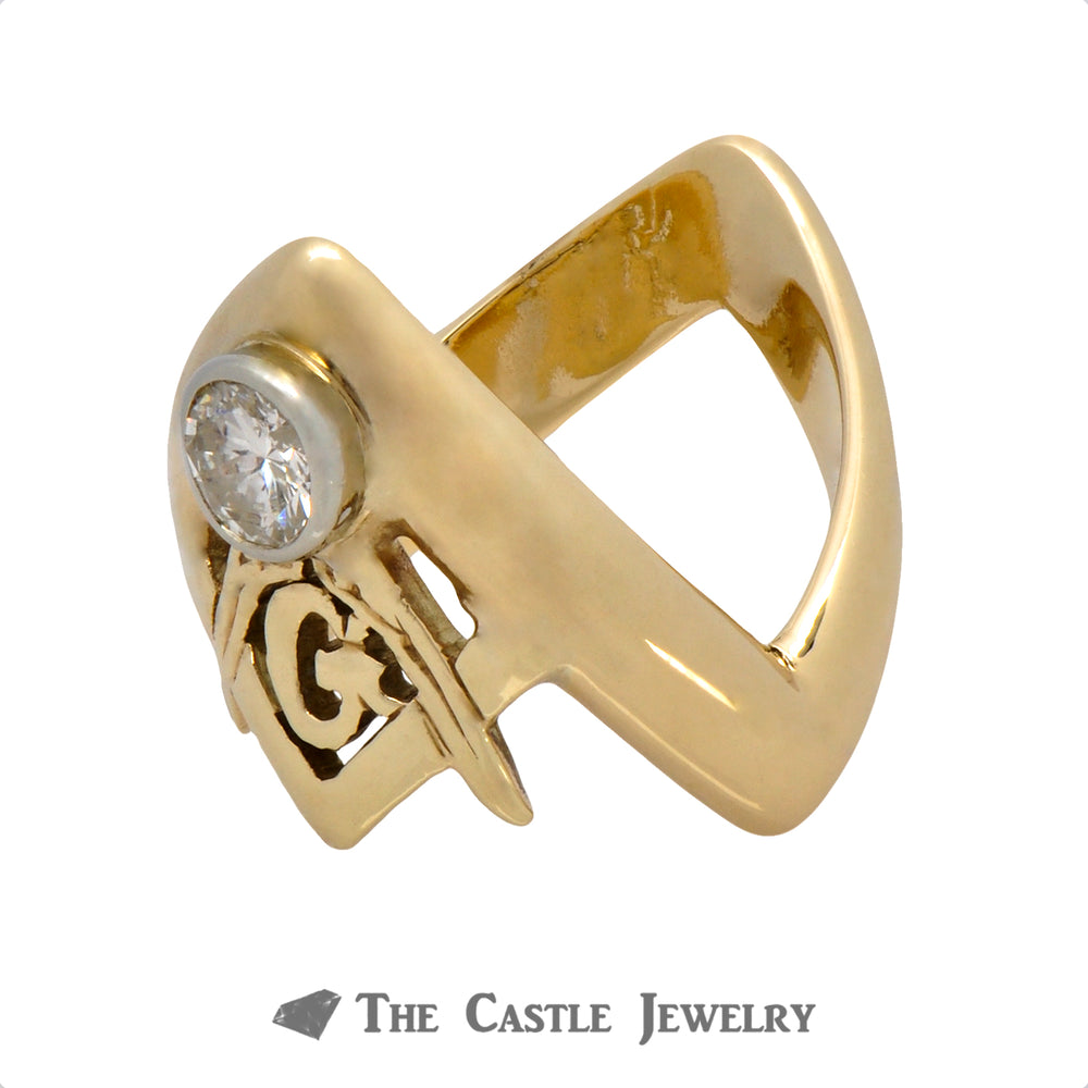 Men's "V" Shaped Designed Diamond Masonic Ring in 14k Yellow Gold