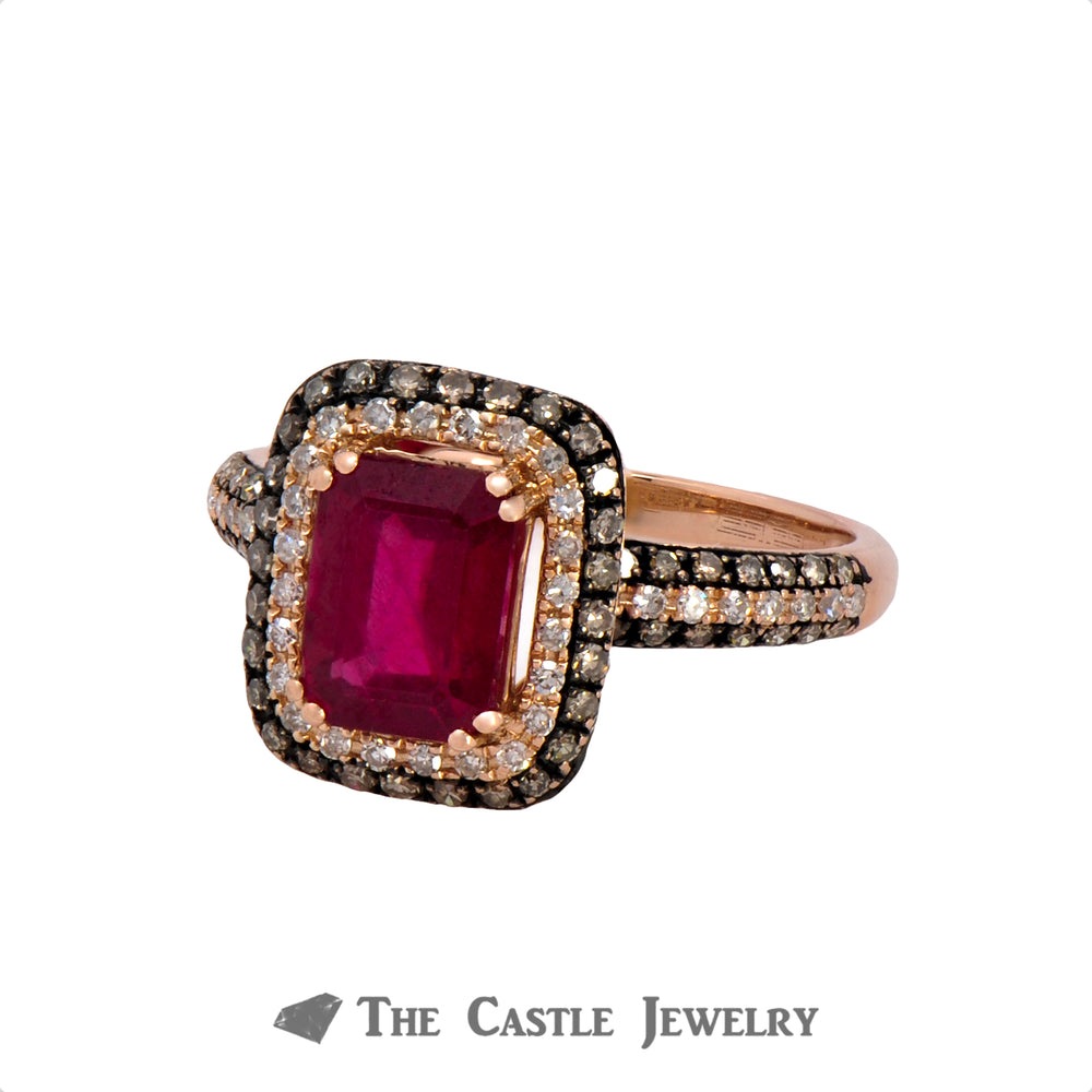 Effy Emerald Cut Ruby Ring with White and Chocolate Diamonds in 14k Rose Gold