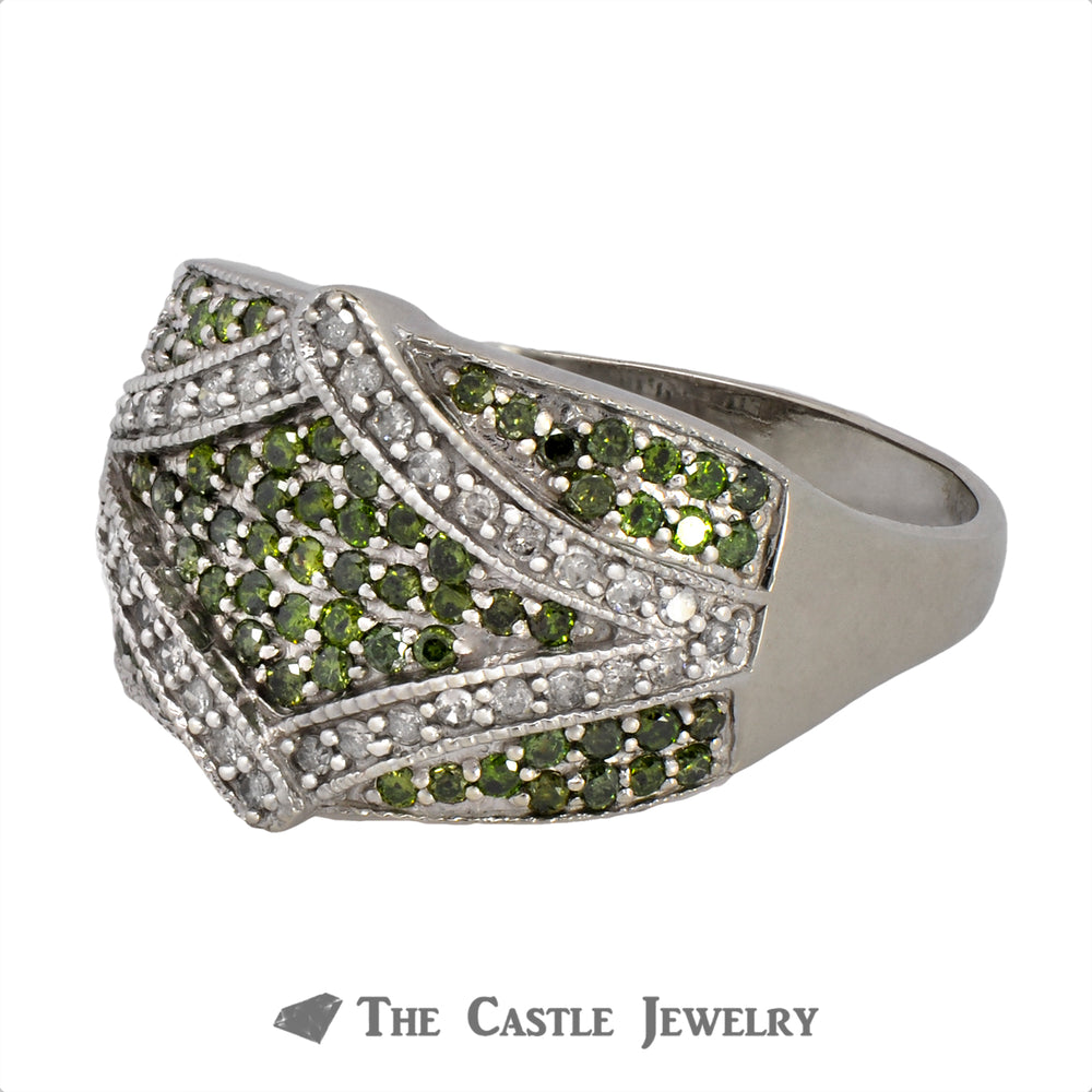 Green & White Diamond Cluster Ring With Fancy Rectangle Shaped Design