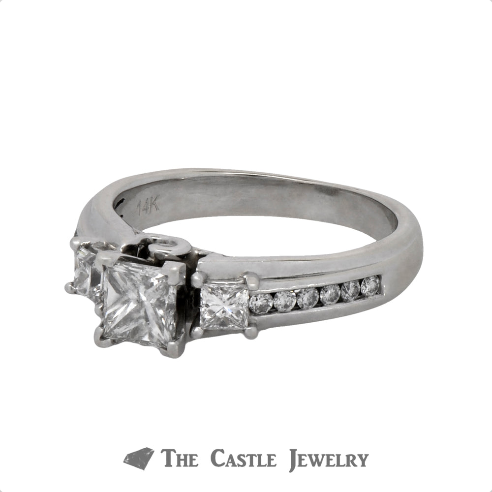 Princess Cut Three Stone Diamond Engagement Ring with Accents in a Cathedral Mounting