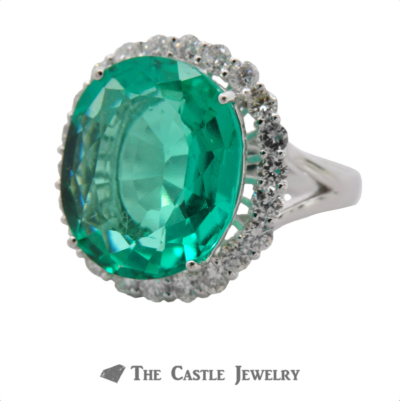 Synthetic Light Green Russian Green Beryl Ring with Diamond Halo