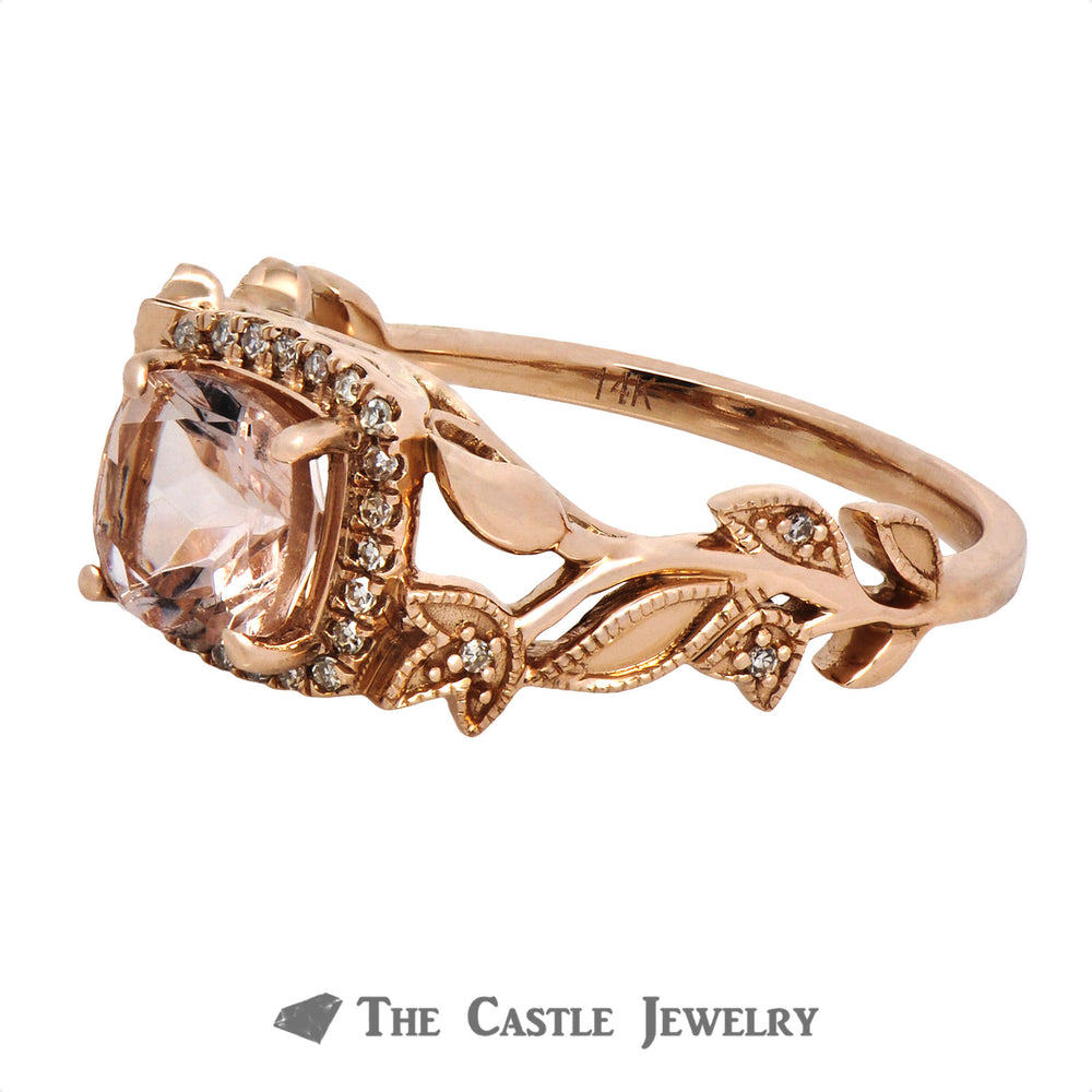 Cushion Cut Morganite Ring with Diamond Halo & Flower Design Rose Gold Mounting