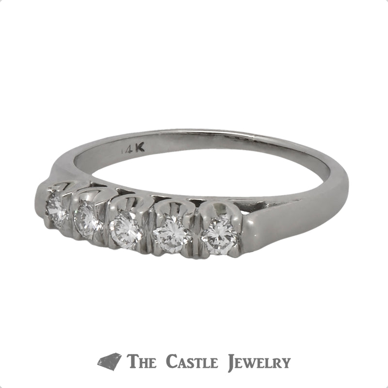 Five Prong Set Round Brilliant Cut Diamond Wedding Band in 14k White Gold