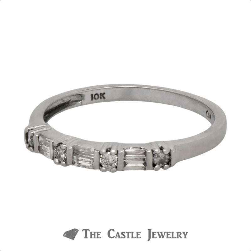 Baguette & Round Diamond Wedding Band in 10k White Gold