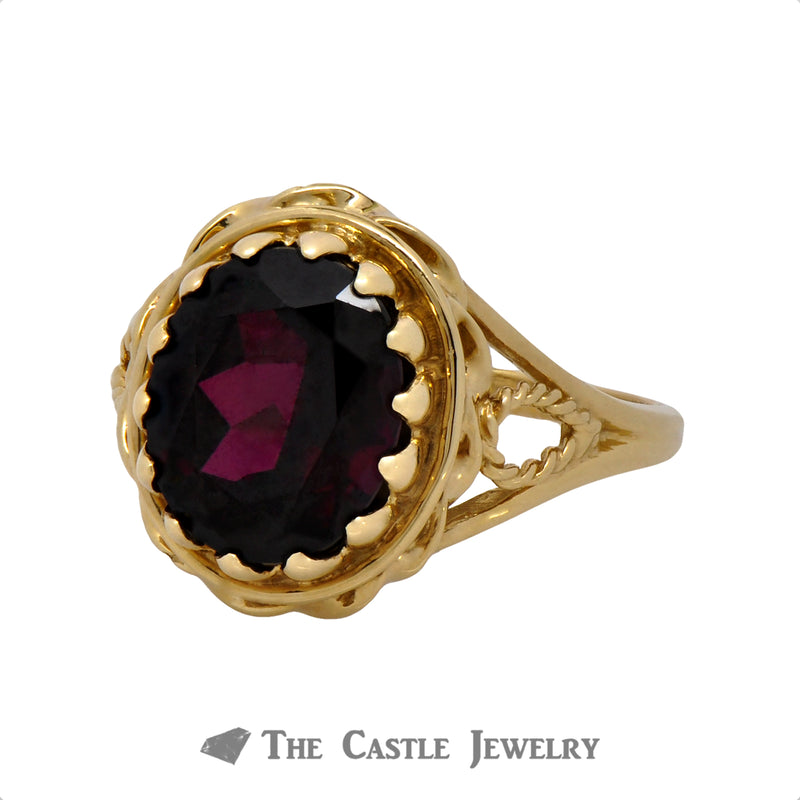 Oval Garnet Ring in Rope Design 10K Gold Mounting