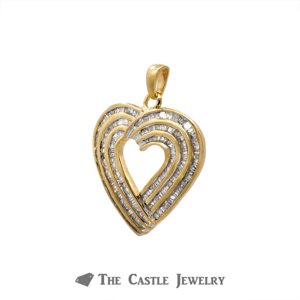 Heart Pendant with 3 Rows of 1cttw Channel Set Baguette Cut Diamonds in 10k Yellow Gold