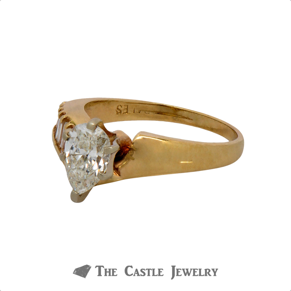 Pear Cut Diamond Engagement Ring with Asymmetrical Baguette Cut Diamond Accents in 14k Yellow Gold